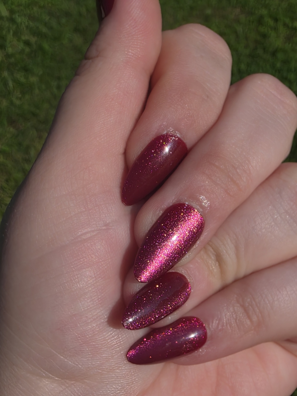 Sparkling Deep Raspberry Stiletto Gel Nails